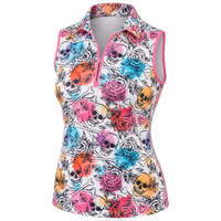 Front view of a sleeveless skull-and-rose polo with pink zipper and armhole edging.