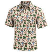 Front view of a cream polo with palm trees and colorful tropical figures.