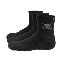 Pair of black quarter-length socks with grey toes and skull logos on white.