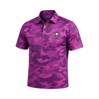 Purple camouflage polo displayed on a white background.