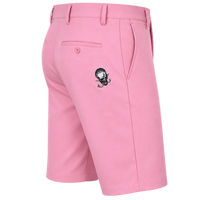 Angled view of pink golf shorts showing a rear pocket, belt loops and a small skull logo.