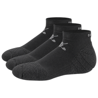 Pair of black low-cut socks with grey toes, heels and skull logos.
