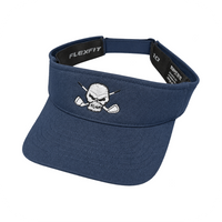 Navy skull-logo visor with a visible FLEXFIT inner label on a white background.