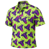 Front view of a lime-green golf polo covered in purple cow graphics.