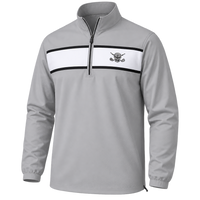 Front view of a grey quarter-zip top with a bordered white chest stripe.