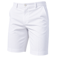 Front view of white golf shorts with belt loops and a button waist against a dark background.