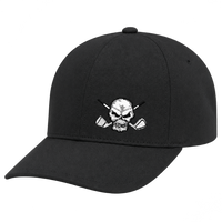Black cap with a white skull-and-crossed-clubs logo displayed on a pale background.