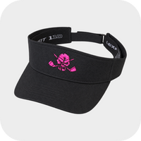Black and pink skull-logo visor displayed on white.