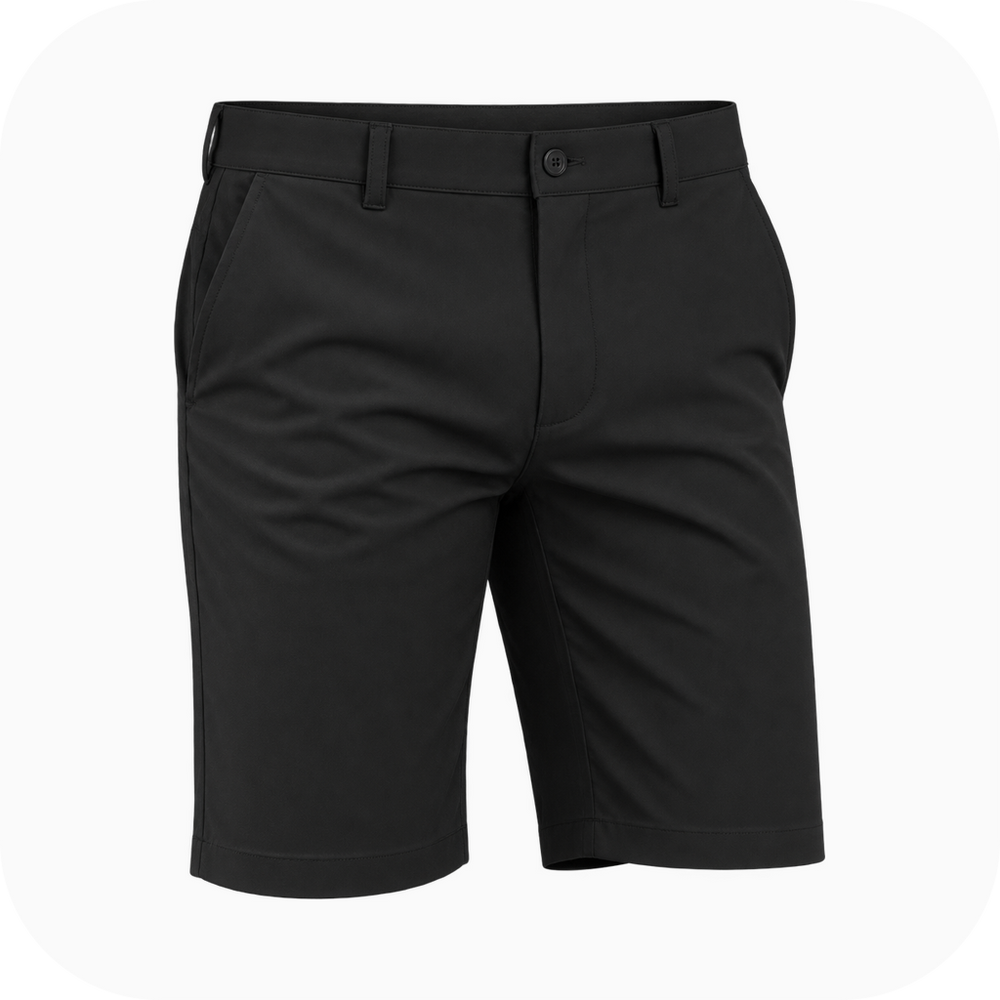 Three-quarter front view of Tattoo Golf OB ProCool black golf shorts showing the button closure, belt loops, and front pockets.