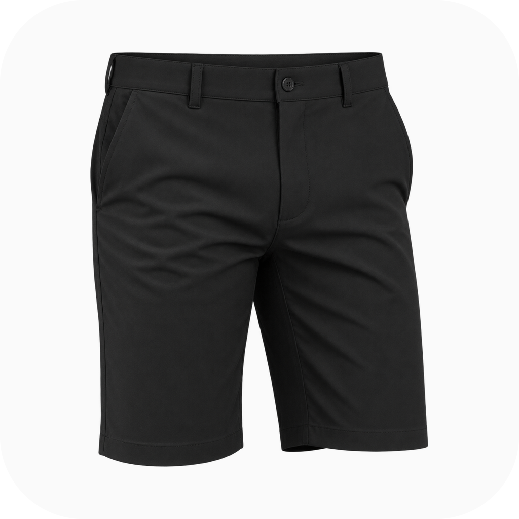 Three-quarter front view of Tattoo Golf OB ProCool black golf shorts showing the button closure, belt loops, and front pockets.