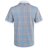 Back view of a grey and blue plaid golf polo with white sleeve cuffs and a small upper-back logo.