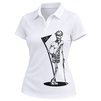 Front view of a white women's polo with a skeleton golfer holding a flag marked 13.