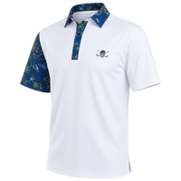 White golf polo with blue floral accents on one sleeve, the collar and placket, and a skull-and-crossed-clubs chest logo.