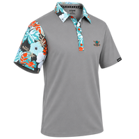 Angled view of a grey VIP polo showing teal, white and orange floral accents and a sleeve label.