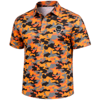 Closer front view of an orange camouflage golf polo showing the collar, button placket and chest logo.
