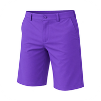 Front view of purple golf shorts with a button waist, belt loops and angled pockets on a white background.