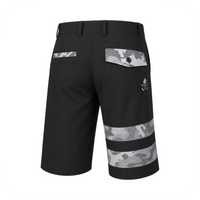 Rear angled view of black golf shorts with grey camouflage pocket trim and two camouflage bands on one leg.