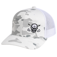 Closer front view of a white camouflage skull-logo trucker cap.