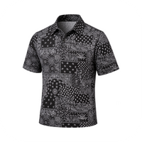 Angled view of a black and grey bandana-print polo on white.
