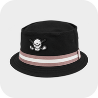 Black skull-patch bucket hat displayed on white.