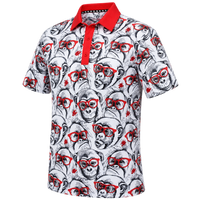 Front view of a white polo with monkey faces in red sunglasses and a red collar and placket.