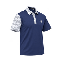 Angled front view of a navy VIP polo with white and grey camouflage accents on a white background.