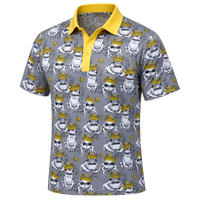 Front view of a grey polo with cartoon bulldogs and yellow accents.