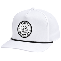 Front view of a white Tattoo Country Club cap with black rope trim.