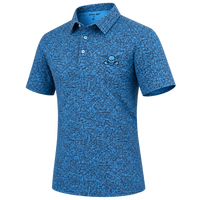 Tattoo Golf Summertime blue golf polo with all-over line-art print and skull chest logo against a dark blue glow.