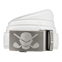 Rolled white embossed belt with a silver skull buckle.