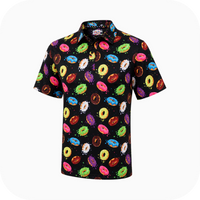 Black Glazed & Confused golf polo with an all-over print of brightly colored doughnuts, front view.