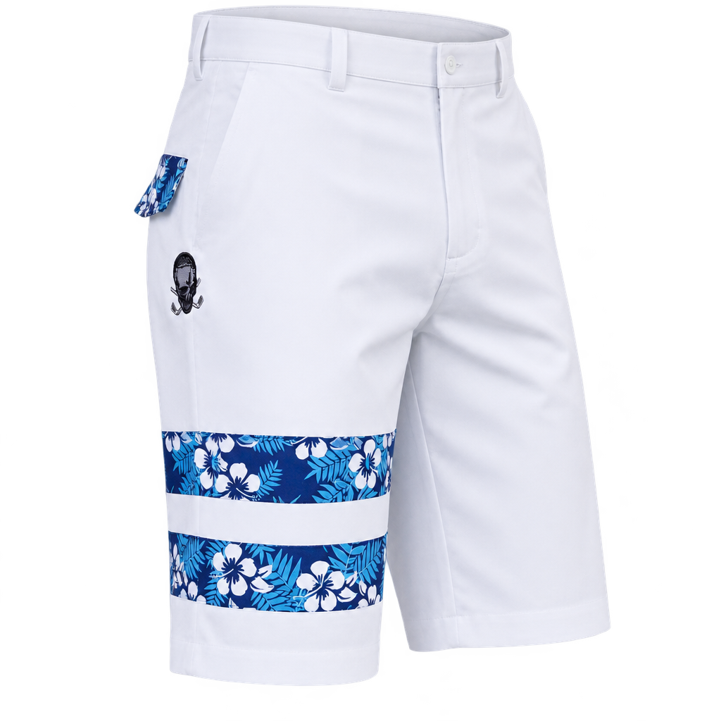 Angled view of white golf shorts showing blue floral leg bands, patterned pocket trim and a small skull logo.