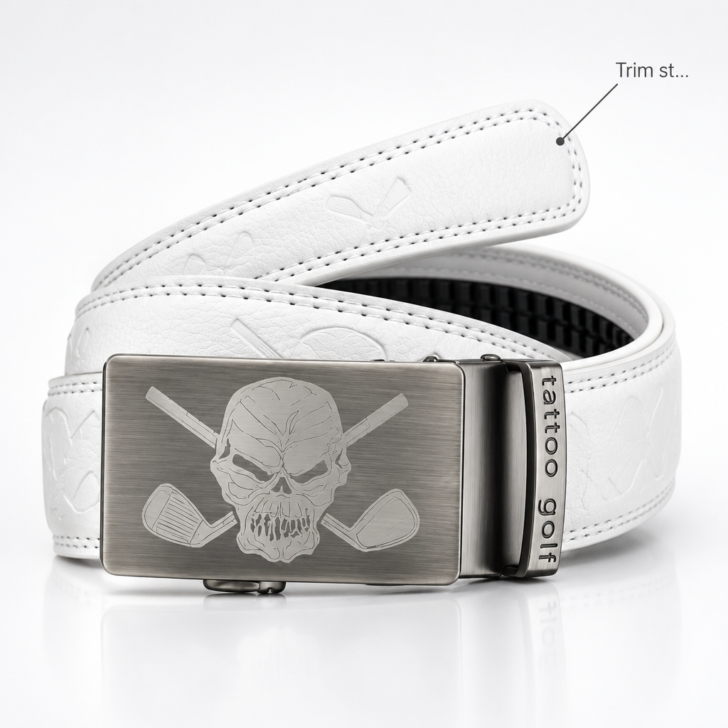 White embossed belt diagram with an annotation pointing to its strap end.