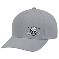 Closer front view of a grey skull-logo cap.