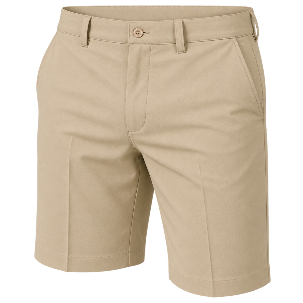 Front view of khaki golf shorts showing a button waist, belt loops and angled front pockets.