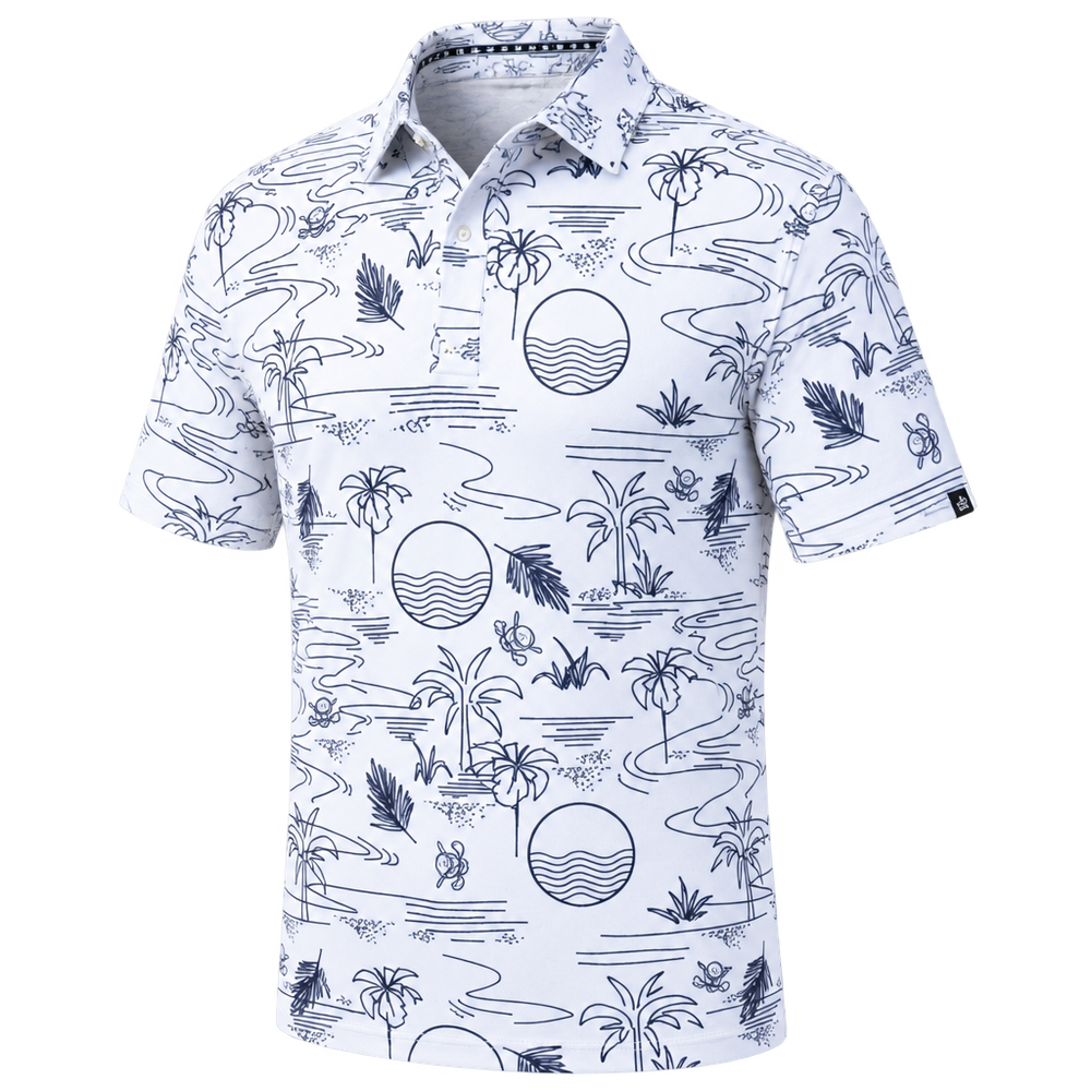 White golf polo with dark tropical line art, including palm trees, foliage and circular wave motifs.