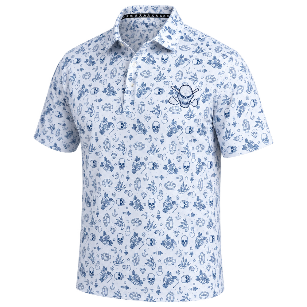 White short-sleeve golf polo with all-over blue tattoo-style graphics and a blue skull chest logo.