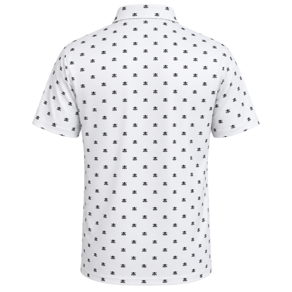 Back view of a white polo patterned with small black skull motifs.