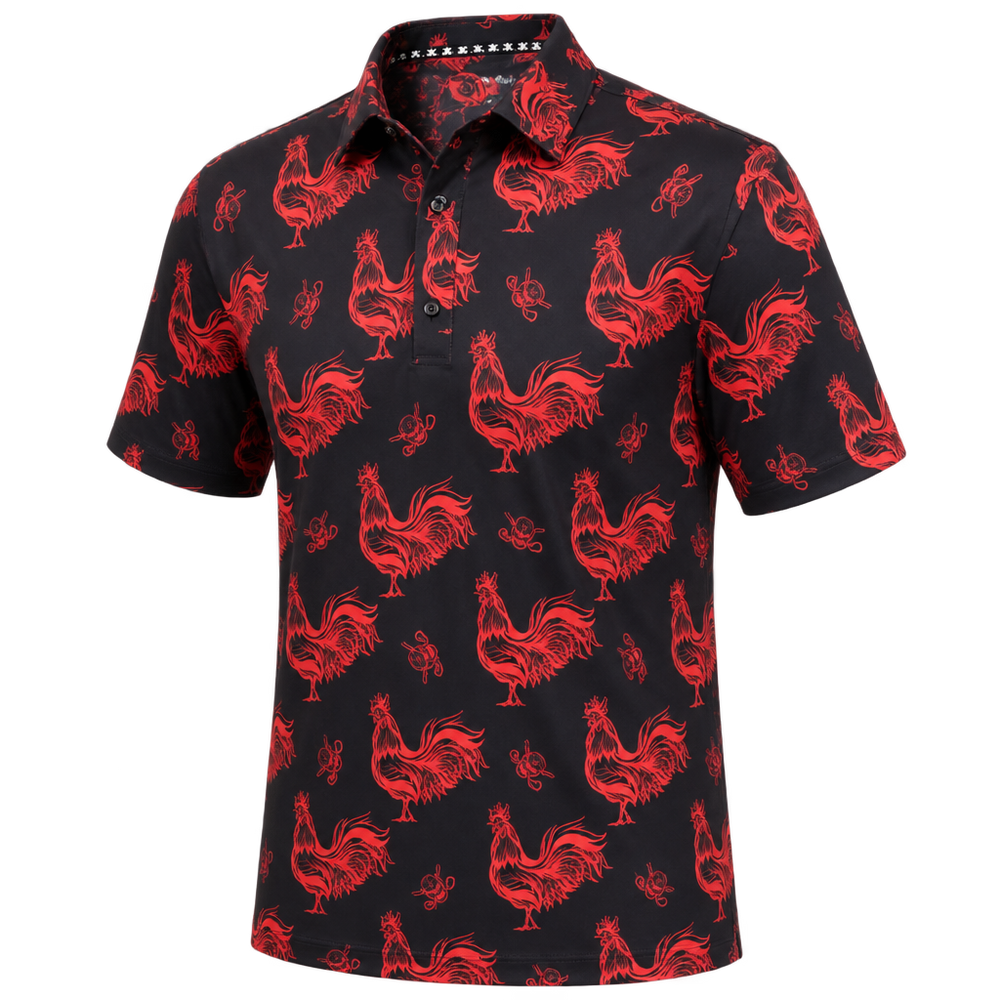 Front view of a black golf polo covered in red roosters.