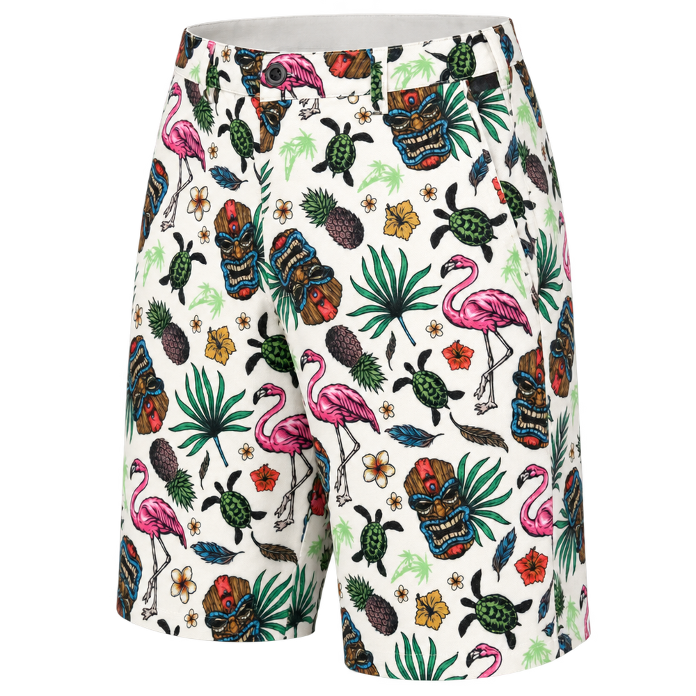 White Tiki golf shorts with multicolor tropical print, shown at a slight angle against a dark background.