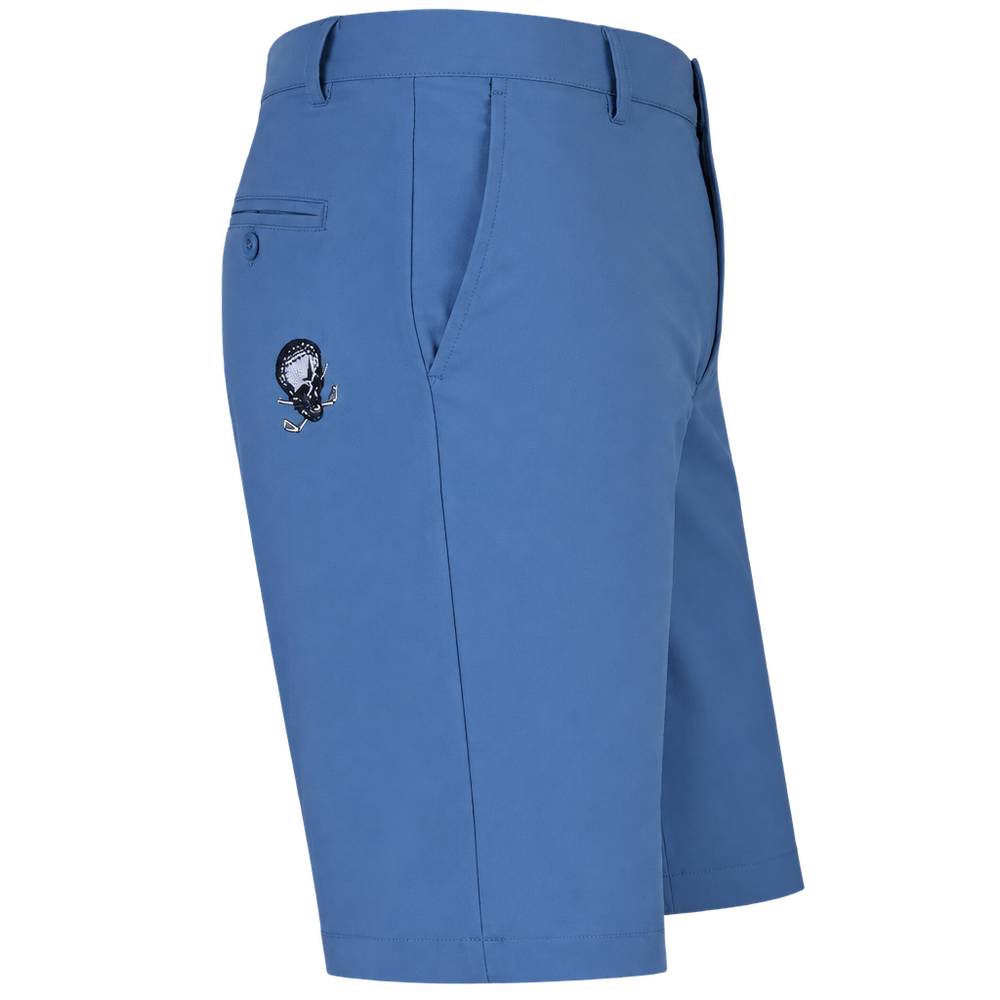 Angled view of blue golf shorts showing belt loops, pockets and a small skull logo.