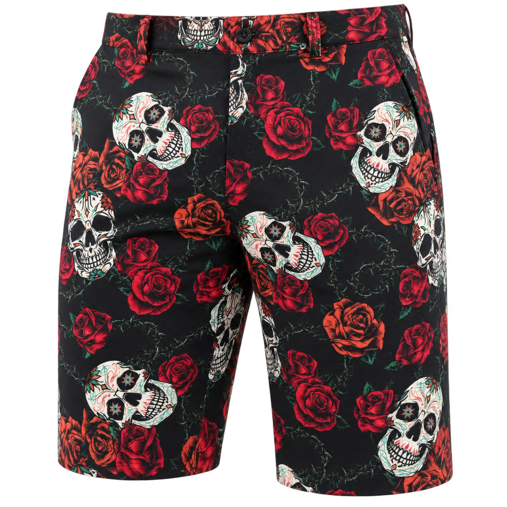 Front view of black golf shorts covered in white sugar skulls and red roses.