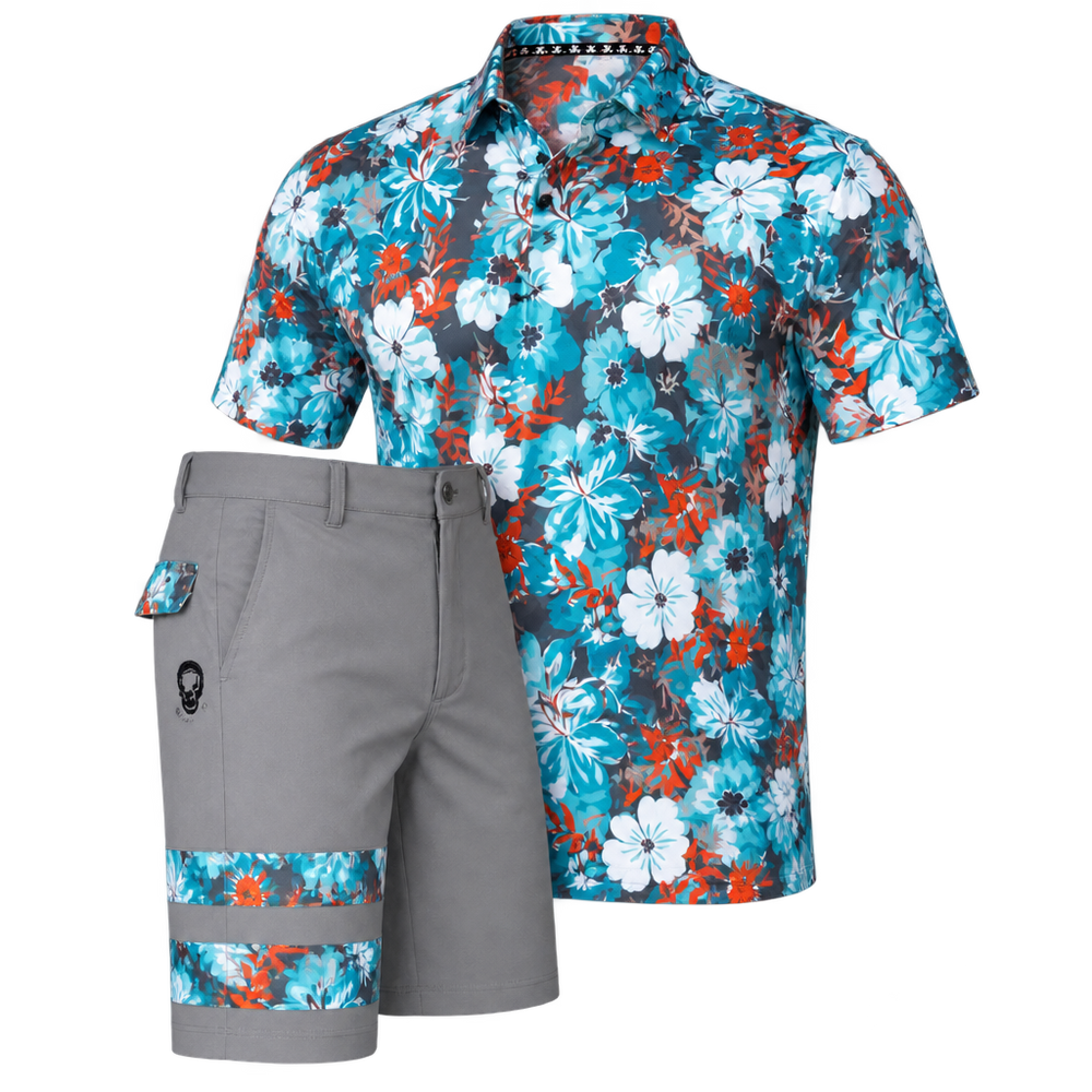 Teal floral polo displayed beside grey shorts with two floral leg stripes.
