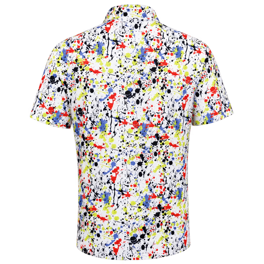 Back view of a white paint-splatter golf polo.