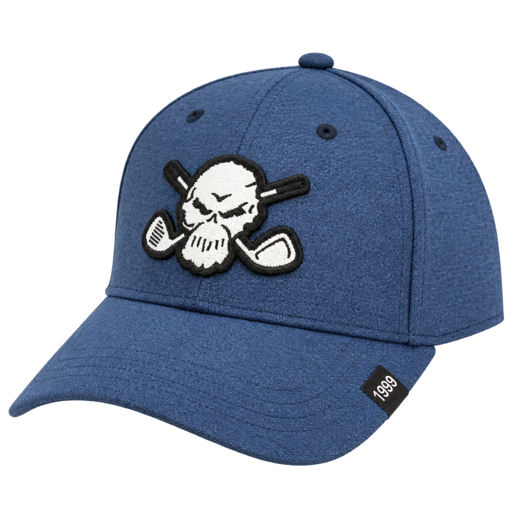 Closer front view of a blue skull-patch cap.