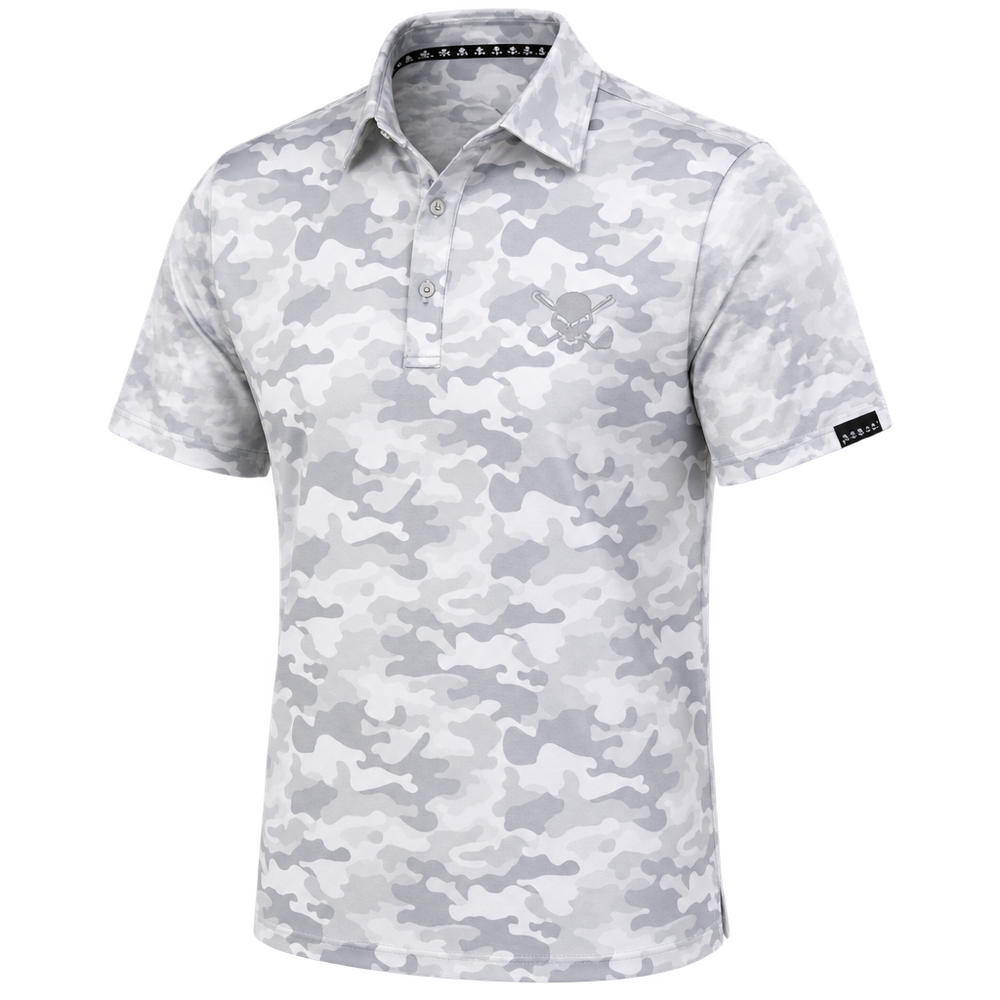 Front view of a white and pale grey camouflage polo with a small chest logo and black sleeve label.