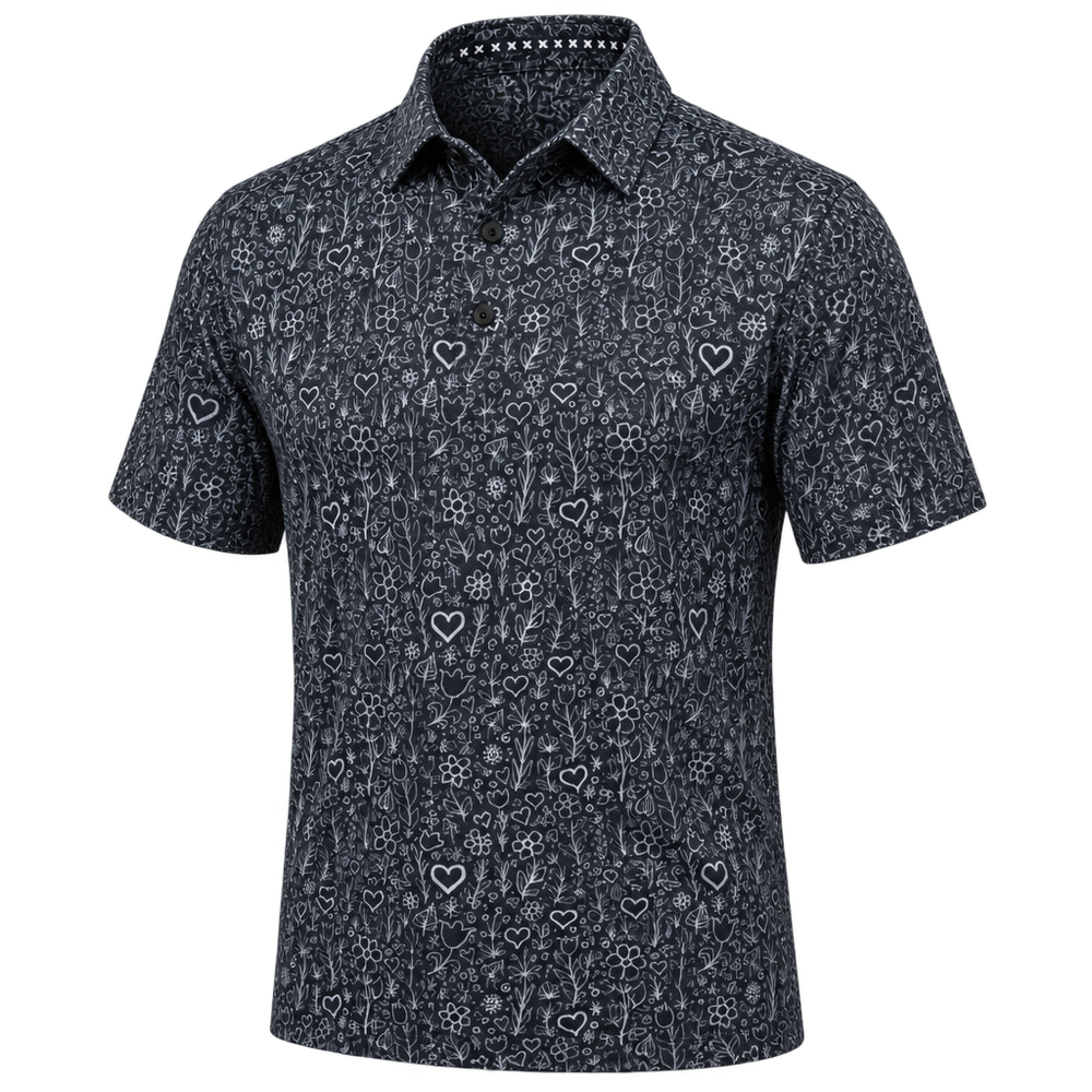 Angled front view of the Tattoo Golf Hazard black and grey golf polo with intricate heart and floral line-art print.