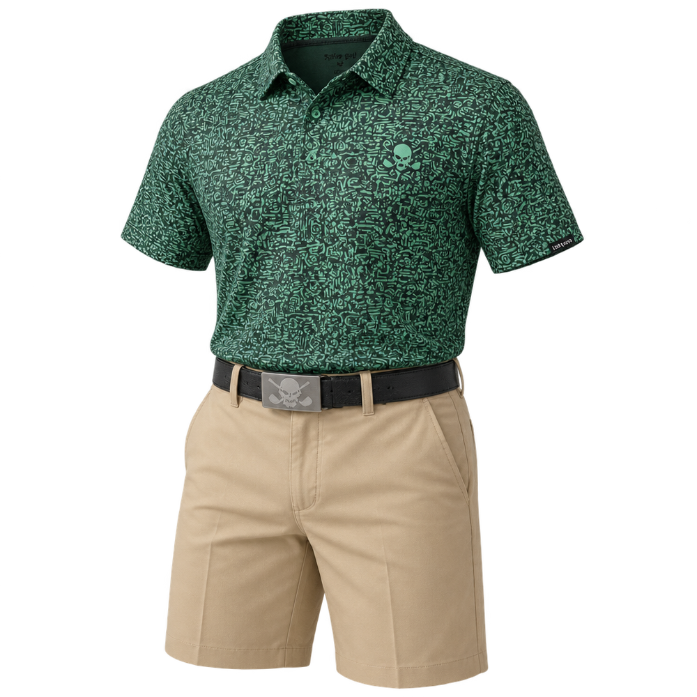 Green patterned polo paired with beige shorts and a black skull-buckle belt.
