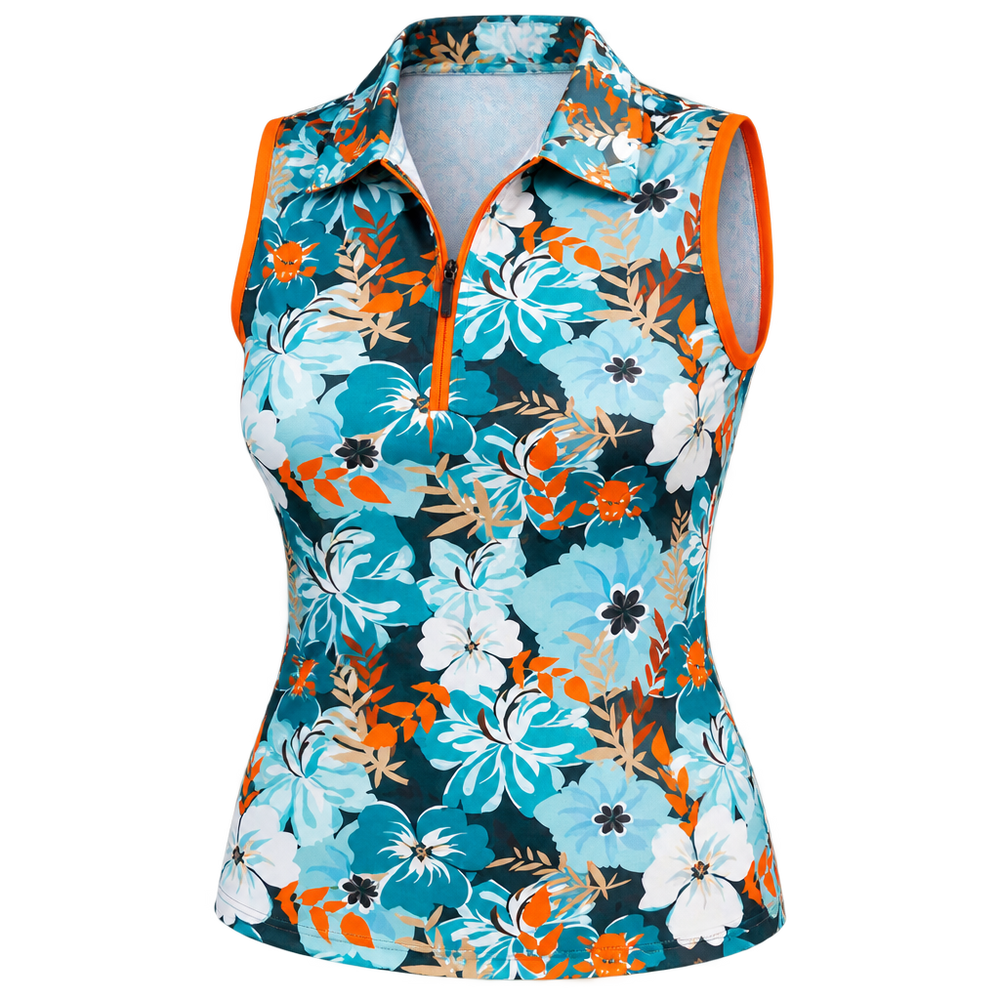 Front view of a teal, white and orange floral sleeveless quarter-zip polo.