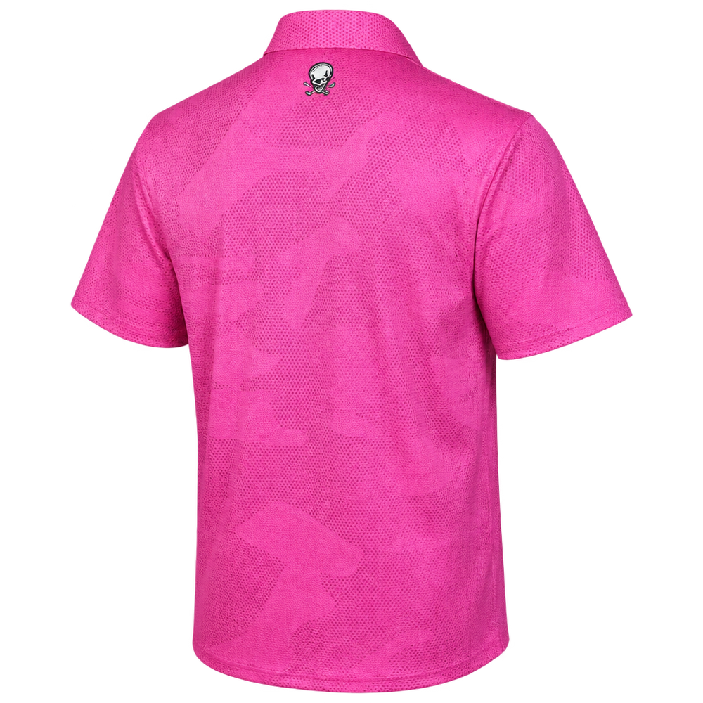 Back view of a pink tonal-patterned polo with a small skull below the collar.
